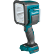 Compact Makita 18V LED work lamp with four lighting modes, ergonomic handle, and protective metal frame