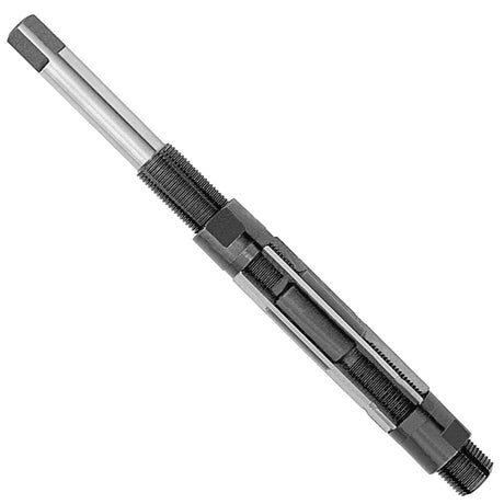 Adjustable blade reamer with threaded body, steel construction, and dual locking nuts for precise size adjustment