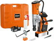 Cordless Fein magnetic drill with brushless PowerDrive motor, orange carrying case, and drilling accessories set