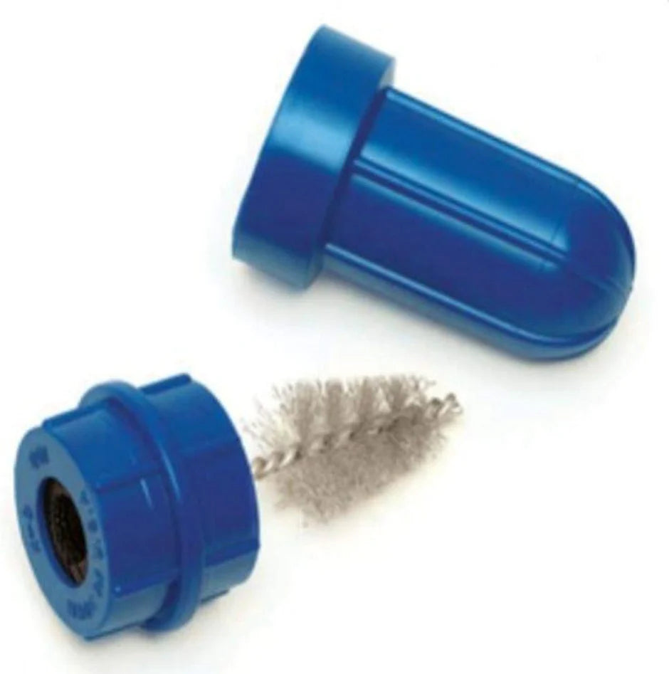 Blue battery brush with protective cap and stiff bristles for cleaning battery terminals and connectors