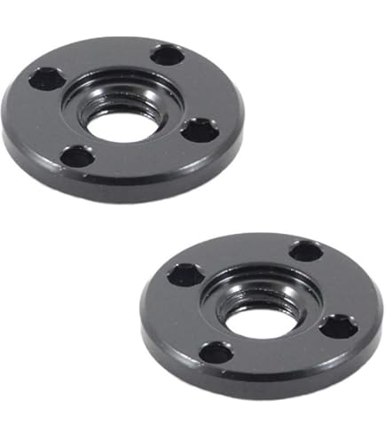 Pair of black circular metal rear support plates with threaded central hole and three mounting points each