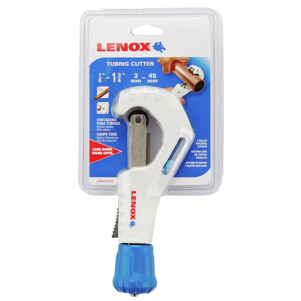 Lenox tubing cutter for 1/8 to 1 3/4 inch copper pipes with four-roller guide system and easy operation design