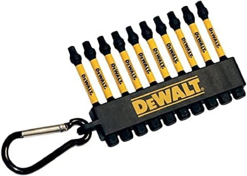 Set of 10 DeWalt impact-ready square drive bits with FlexTorq design and black holder with keychain clip
