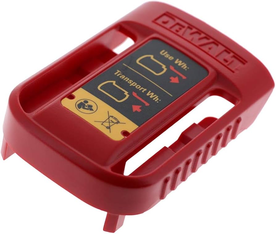 Red plastic battery cover for FlexVolt with labeled usage instructions and grip-enhanced sides