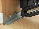 Compact Bostitch MCN150 framing nailer driving nails into wood joist and metal bracket between 12-inch spacing