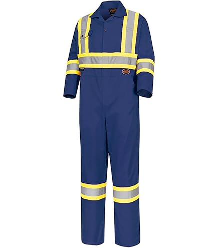 Blue flame-resistant coverall with yellow high-visibility reflective stripes, size 54, designed for industrial safety.