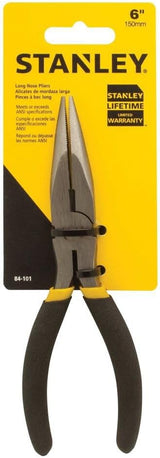 6-inch long nose pliers with hardened jaws, forged steel construction, anti-rust finish, and ergonomic black handles