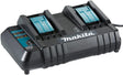 Dual Makita battery charger DC18SH for 14.4-18V batteries with LED indicators and compact durable design