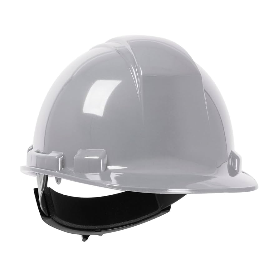 Gray polyethylene safety helmet with adjustable 4-point ratchet nylon suspension, ANSI Type I Class E compliant