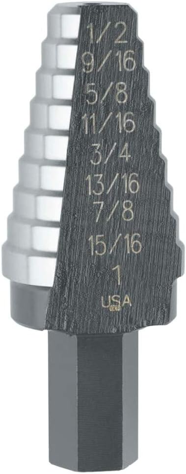 Step drill bit with single flute, SpeedPoint tip for fast penetration, hex shank to prevent slipping, sizes engraved on side