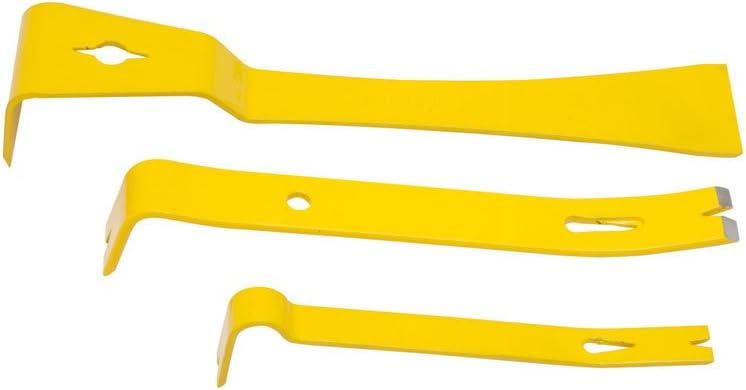 Set of 3 yellow Stanley lightweight steel pry bars with drop-shaped nail puller and monobloc stamped construction