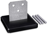 Concealed post base with galvanized steel blade, metal base plate, and three 1/2 inch galvanized anchor bolts included
