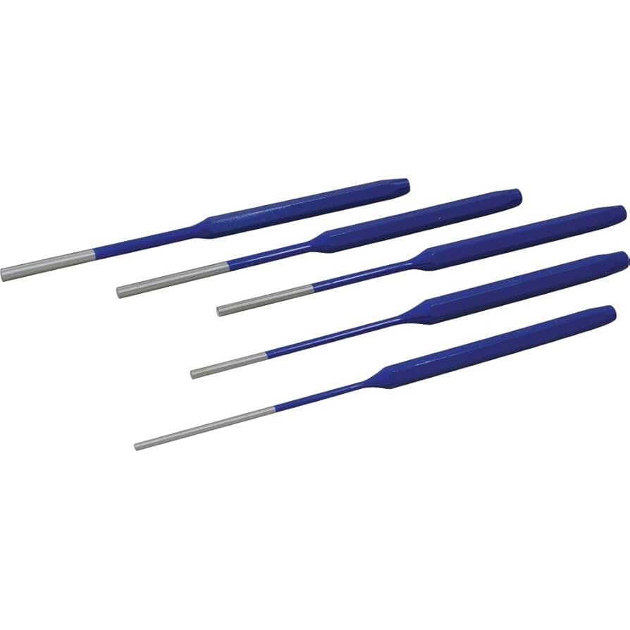 Set of 5 long steel punches with blue handles, varying diameters from 1/8" to 1/4", heat-treated tips for durability
