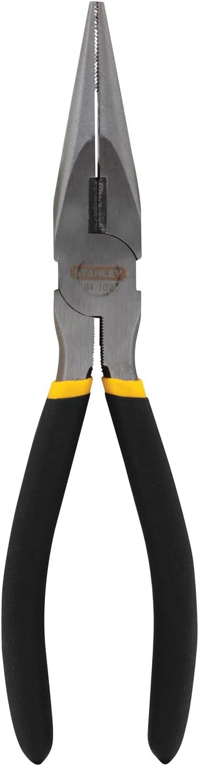 20cm long nose pliers with hardened jaws, forged steel construction, rust-resistant finish, and black ergonomic handles