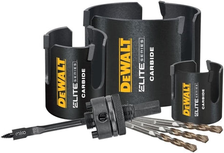 7-piece DeWalt Elite Series bi-metal hole saw set with carbide tips, arbor, and three replacement pilot drills