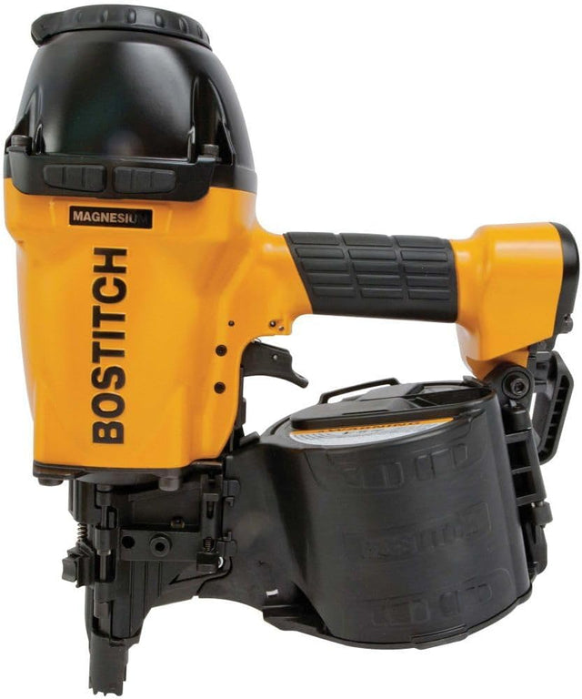 15-degree coil framing nailer with magnesium body, adjustable depth, and gas exhaust directing away from user