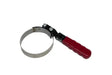 Oil filter wrench with pivoting handle, stainless steel band, and gripping teeth for sizes 1/2 to 3-7/8 inches