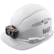 White ventilated safety helmet with rechargeable front LED lamp and patented accessory mounts by Klein Tools