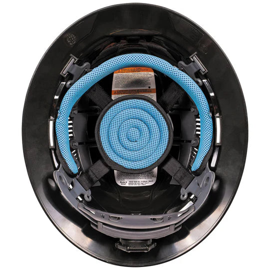 Black Klein Tools KARBN™ safety helmet with blue ventilated inner suspension and adjustable headband system