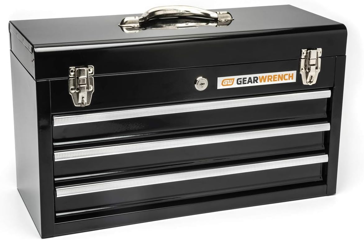 Black metal tool chest with three 2-inch drawers, ball-bearing slides, locking latches, and top carrying handle