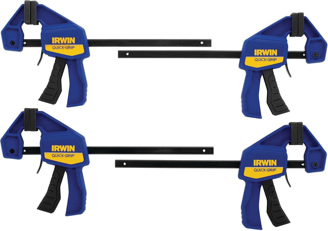 Set of 4 Irwin Quick-Grip 6-inch clamps with one-handed triggers and protective non-marring pads