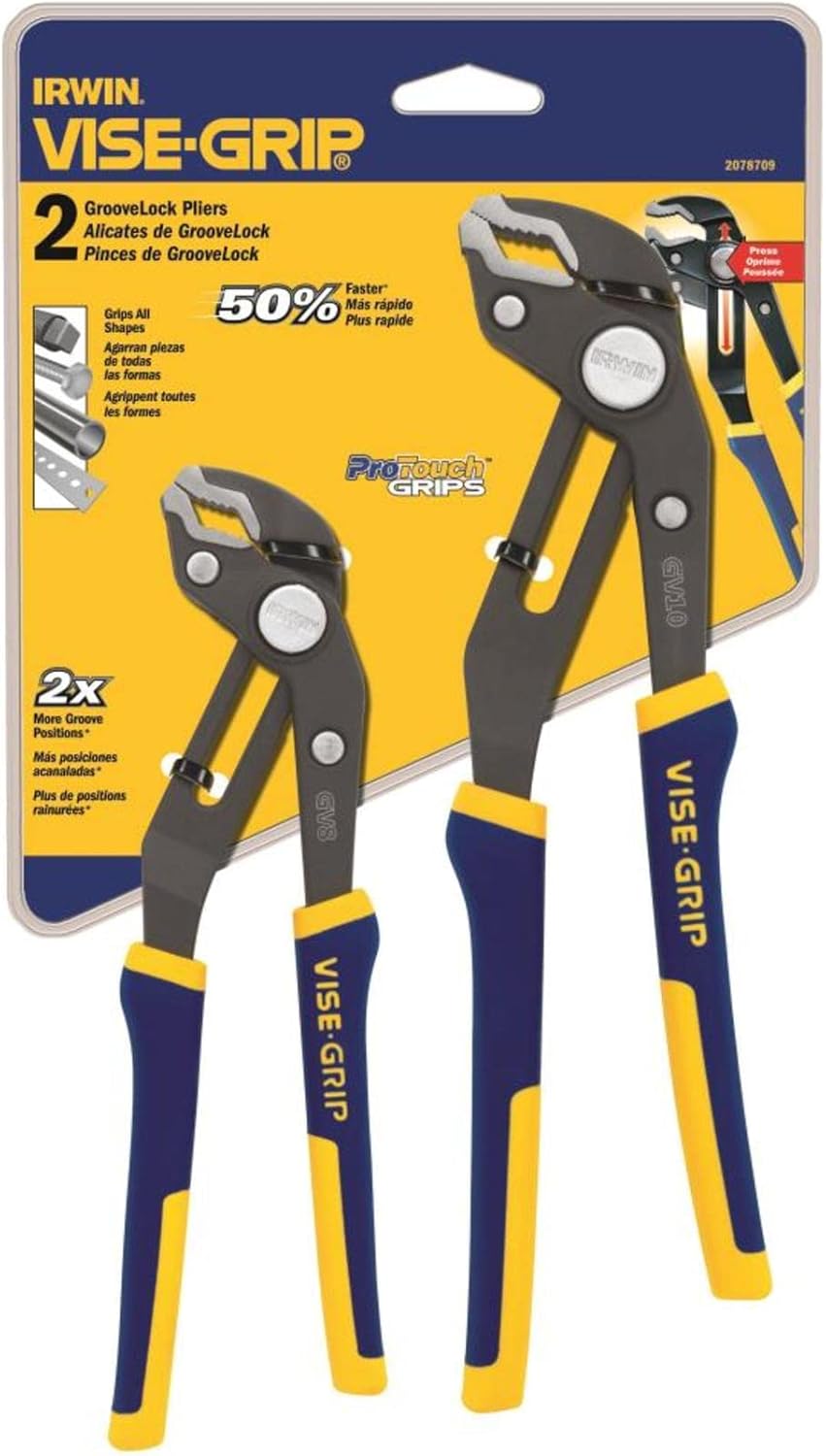 Set of 2 Irwin Vise-Grip GrooveLock pliers 8" and 10" with ProTouch grips and quick-adjust press buttons