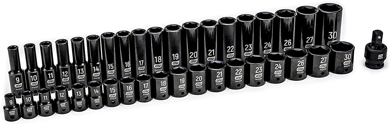 39-piece 1/2-inch drive metric impact socket set with black alloy steel construction for professional use