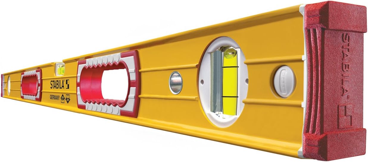 48-inch Stabila magnetic construction level with yellow body, shock-resistant end caps, and precision vials for accuracy