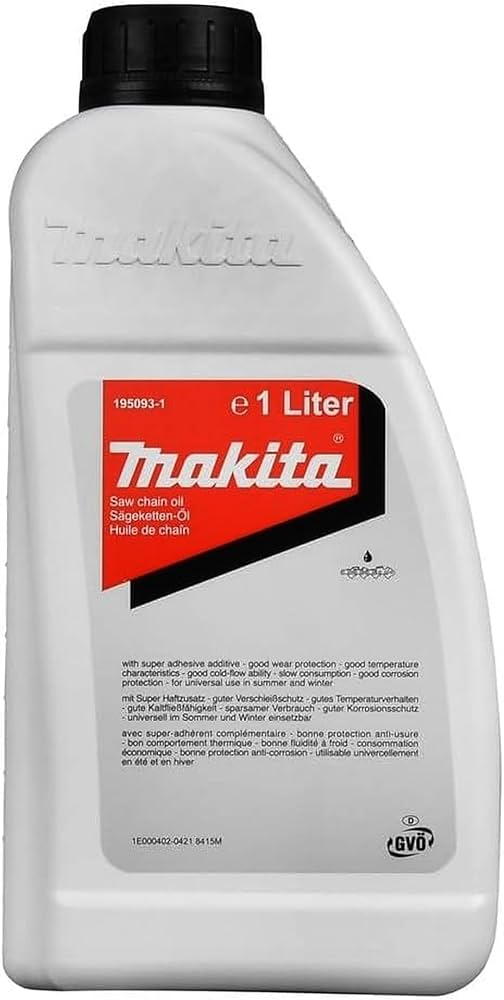 1-liter Makita saw chain oil with super adhesive additive, wear protection, corrosion resistance, and cold-flow performance