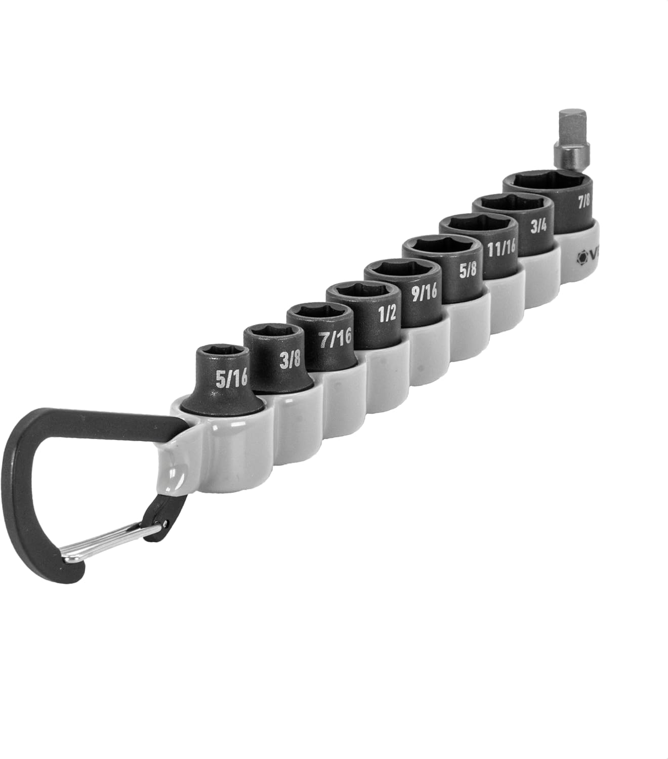 10-piece 3/8 inch socket set with carabiner, includes sizes from 5/16 to 7/8 inch plus adapter for easy storage