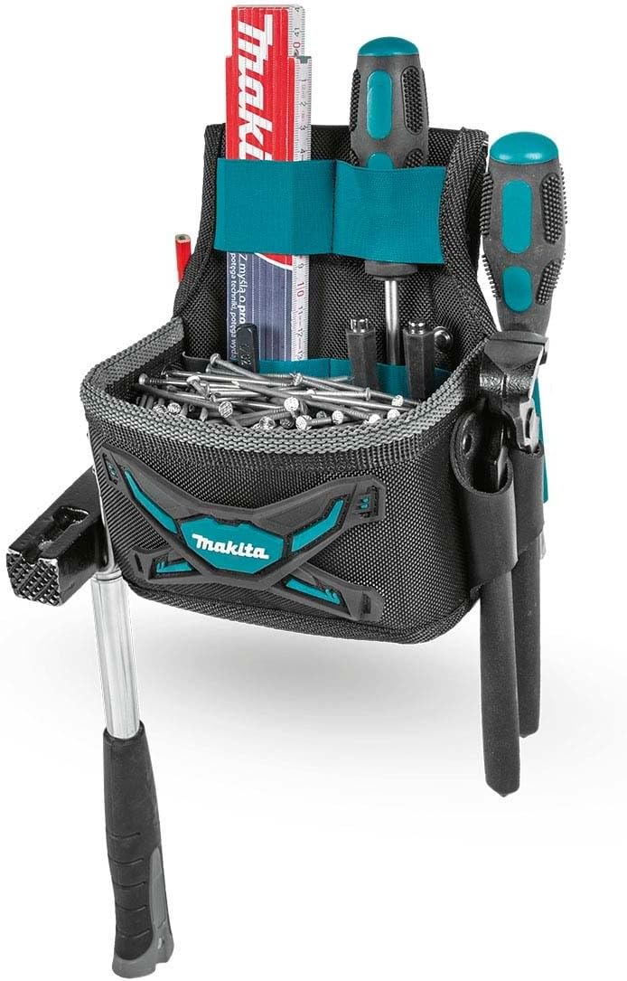 Makita tool pouch with large main pocket, leather holders for screwdrivers, and belt clip, loaded with nails and tools