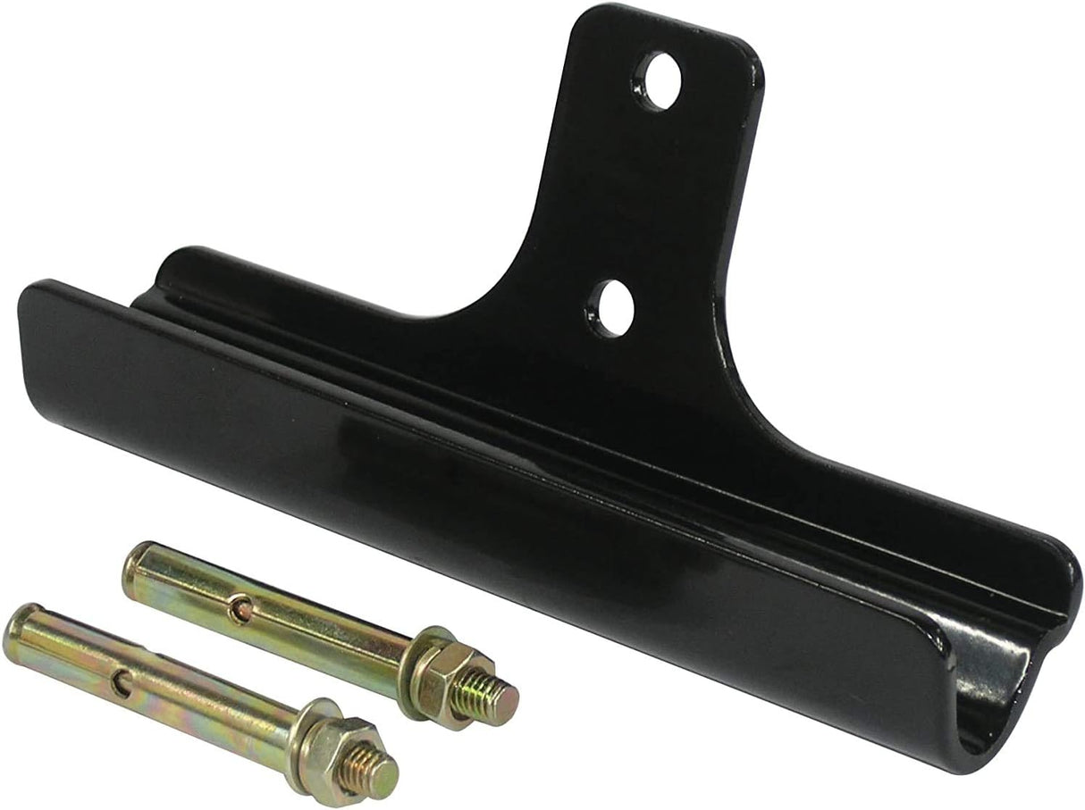 Black metal mounting bracket with two zinc-plated anchor bolts for securing hose reel or similar equipment