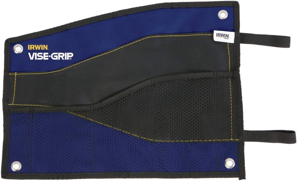 Blue and black IRWIN Vise-Grip tool pouch with mesh pocket and reinforced stitching for organizing hand tools