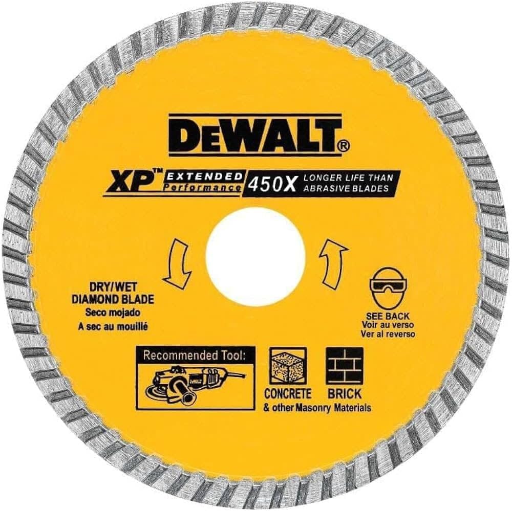 7-inch DeWalt diamond blade for dry and wet cutting of concrete and brick with extended life and turbo rim design