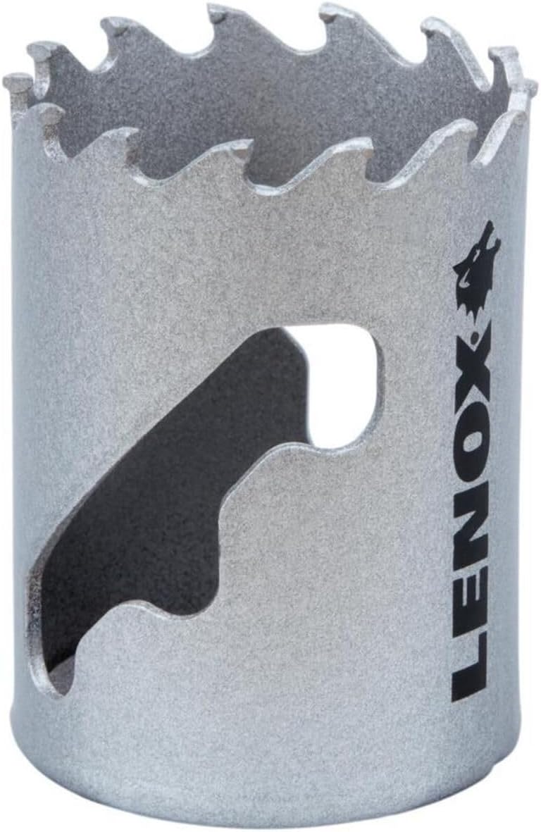 1-3/4 inch Lenox hole saw with tungsten carbide teeth, aggressive design for drilling wood and steel durability