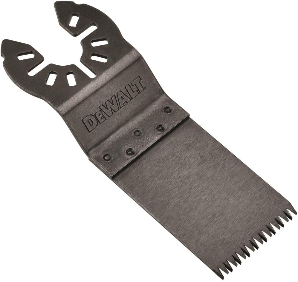 1-1/4 inch Dewalt oscillating saw blade with aggressive teeth for fast cuts in hardwood, universal fit design