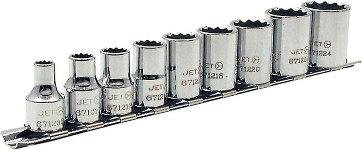 9-piece 3/8" drive chrome vanadium socket set with torque drive design for reduced rounding and improved grip