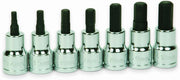 Set of 7 polished chrome hex socket bits on rail, sizes 4mm to 10mm, two-piece design for easy bit replacement