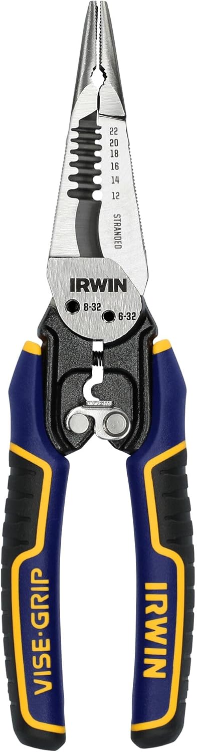 IRWIN VISE GRIP 7-in-1 wire stripper with ergonomic grips, locking mechanism, and spring to reduce hand fatigue