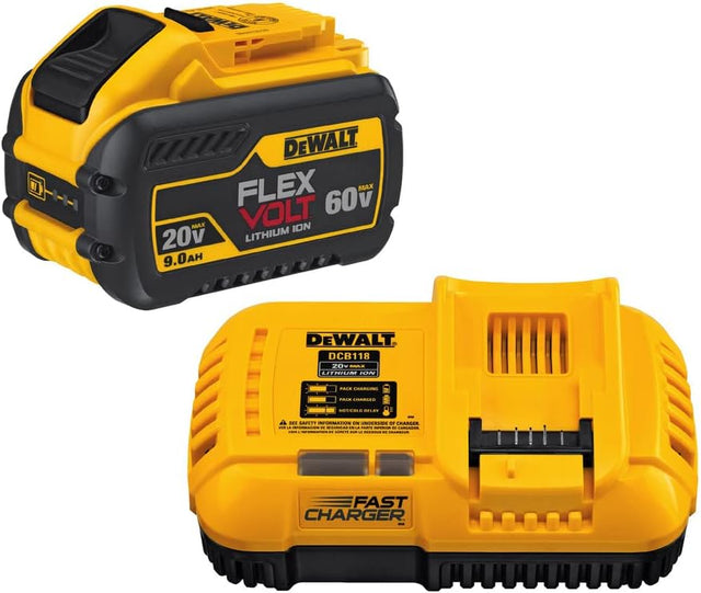 DeWalt FLEXVOLT 9Ah 20V/60V lithium-ion battery with fast charger for extended runtime and quick recharging