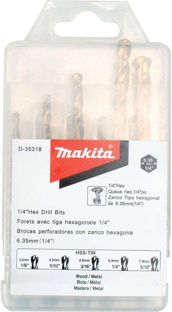 Set of five HSS-TIN coated hex shank drill bits for wood, metal, and plastic with 135-degree split point geometry