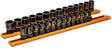 28-piece GEARWRENCH Bolt Biter double-size impact socket set with SAE and metric sizes on wooden rails