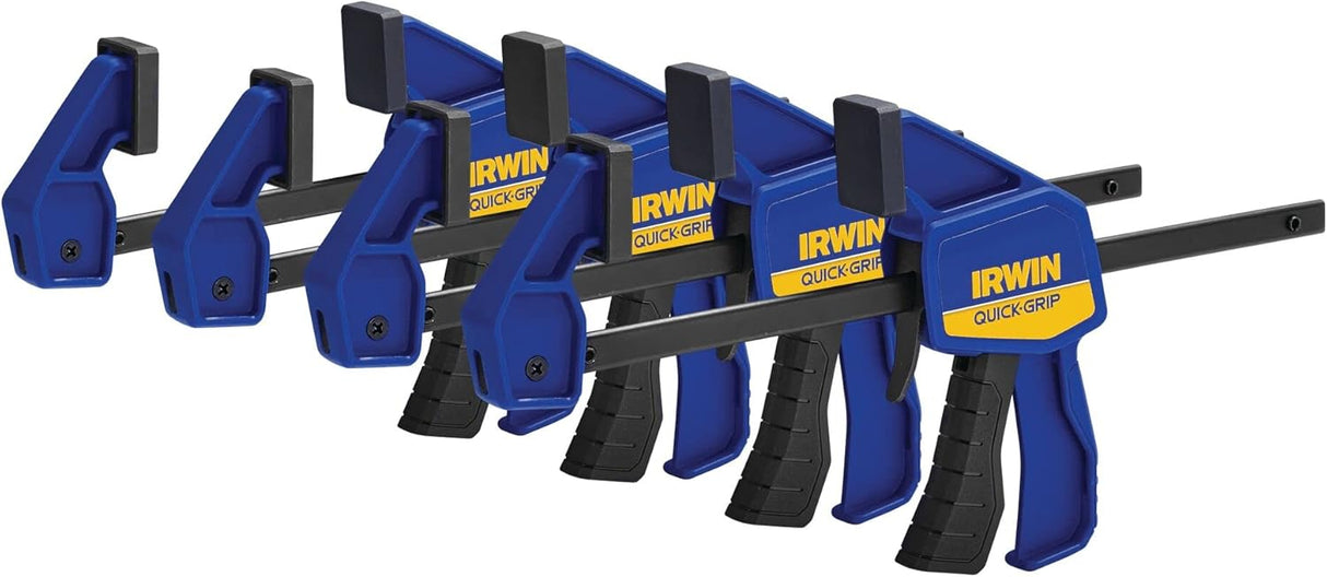 Set of 4 IRWIN Quick Grip 6-inch bar clamps with one-handed trigger release and anti-marking pads for secure grip