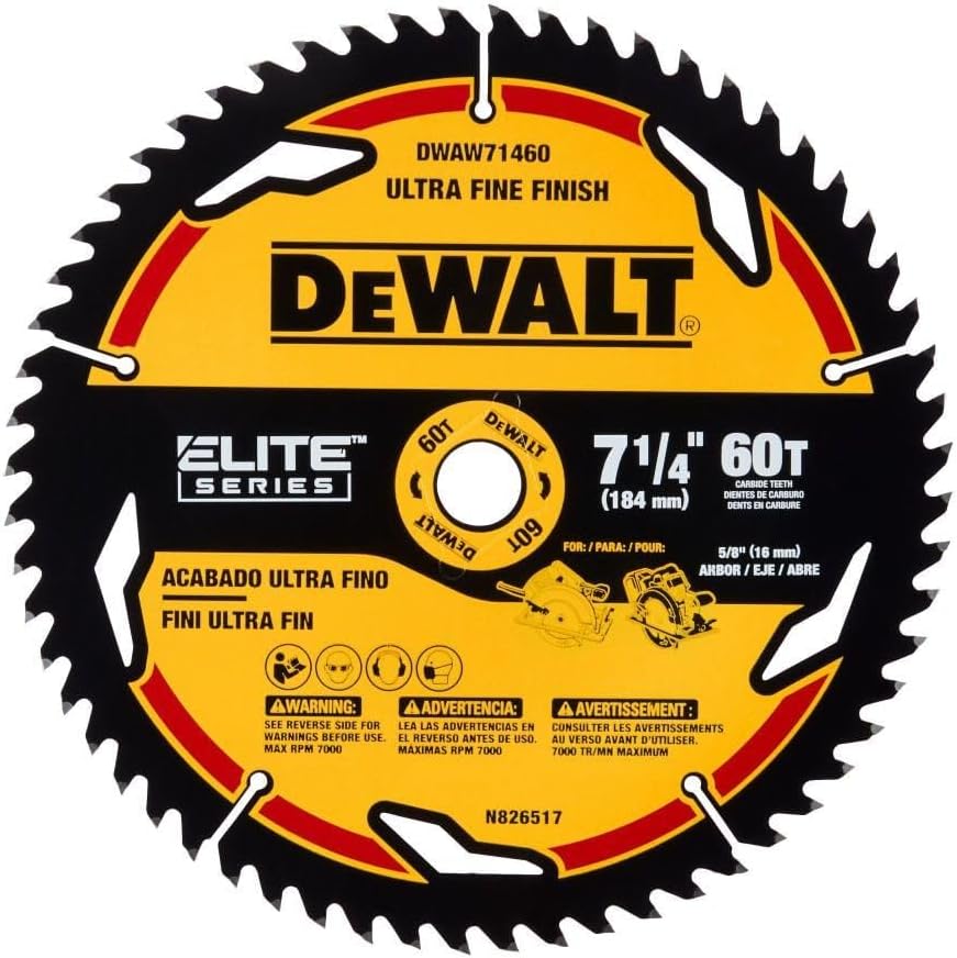 7-1/4 inch 60-tooth DeWalt circular saw blade with ultra fine finish for smooth cuts and long-lasting durability