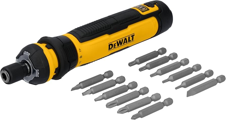 DEWALT USB-C screwdriver with 360° control, FLEXDRIVE™ sliding ring, and 10 interchangeable bits for versatile assembly tasks