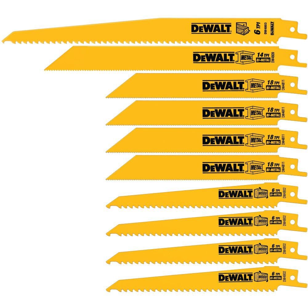 Set of 10 DEWALT bi-metal reciprocating saw blades for wood and metal with various tooth counts and carrying case