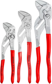 Set of three KNIPEX adjustable pliers with red handles, sizes 7, 10, and 12 inches for versatile gripping tasks