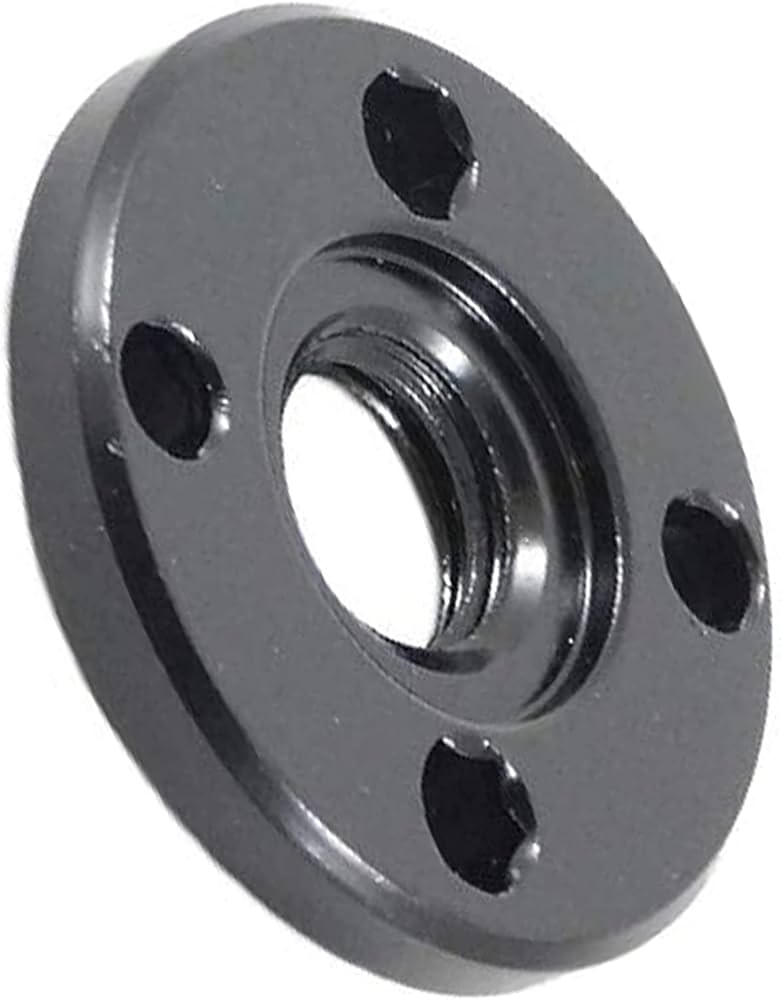 Metal support flange with threaded center hole and four evenly spaced mounting holes for Dewalt DWE43066 tool accessory