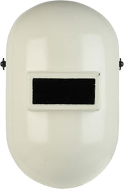Cream-colored Pipeliner welding helmet with small rectangular viewing window and curved protective design