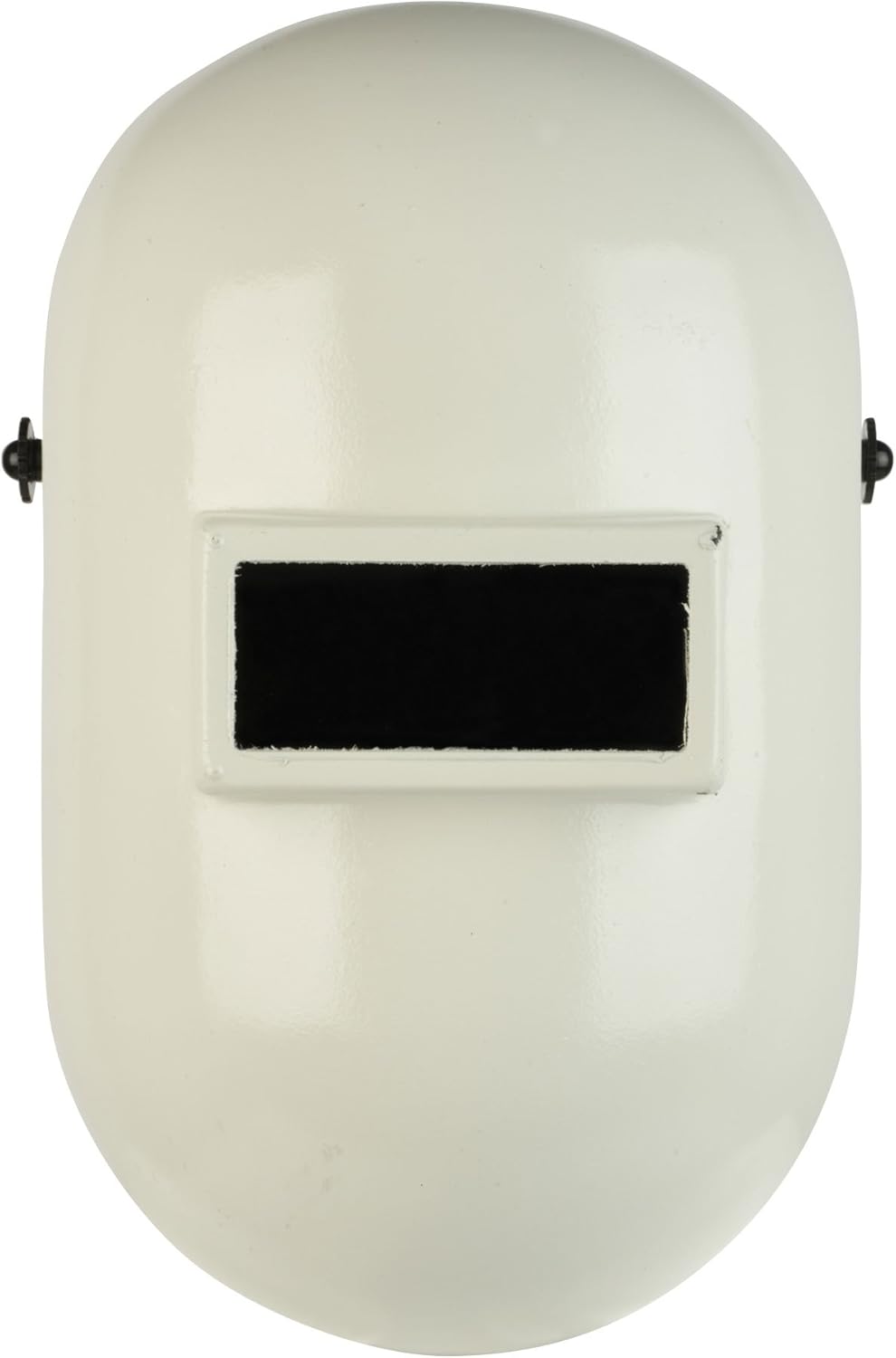 Cream-colored SuperGlas welding helmet with compact design and clear viewing window for pipe welding safety